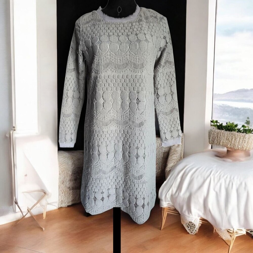F*O*N*D (MED) Gray Crochet/Knit Lined Fringed Crew Neck Long Sleeved Dress